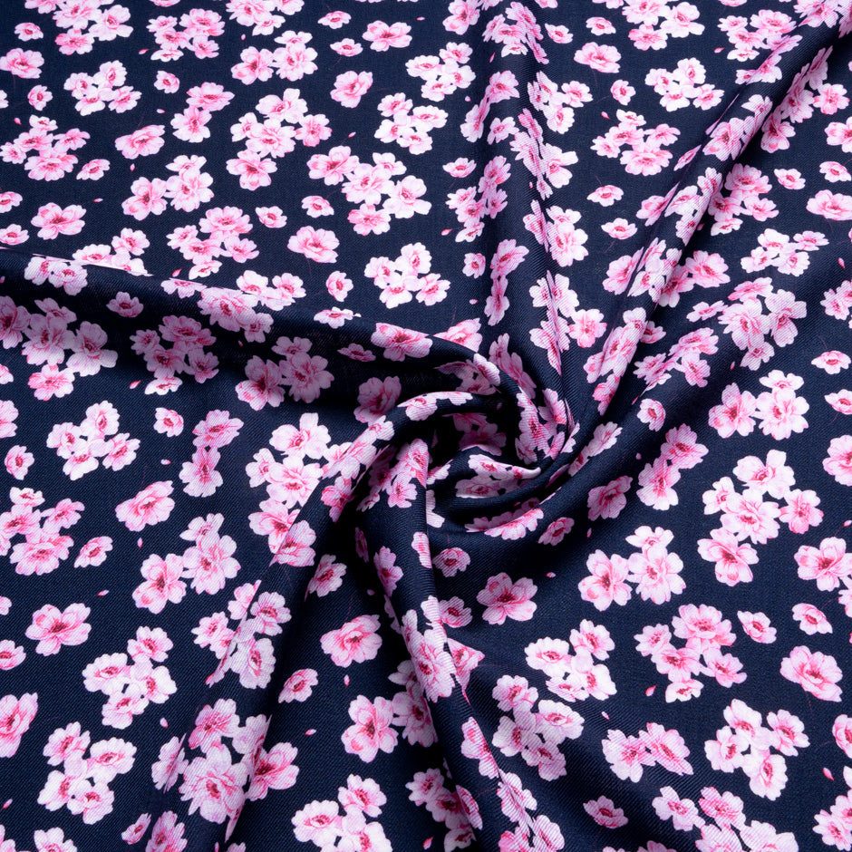 Pink Floral Printed Blue Pure Wool Challis
