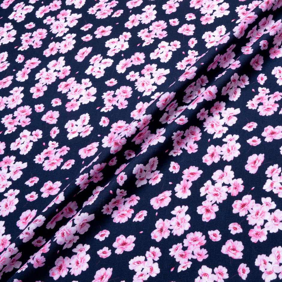 Pink Floral Printed Blue Pure Wool Challis
