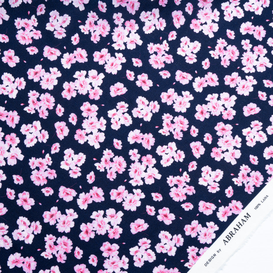Pink Floral Printed Blue Pure Wool Challis