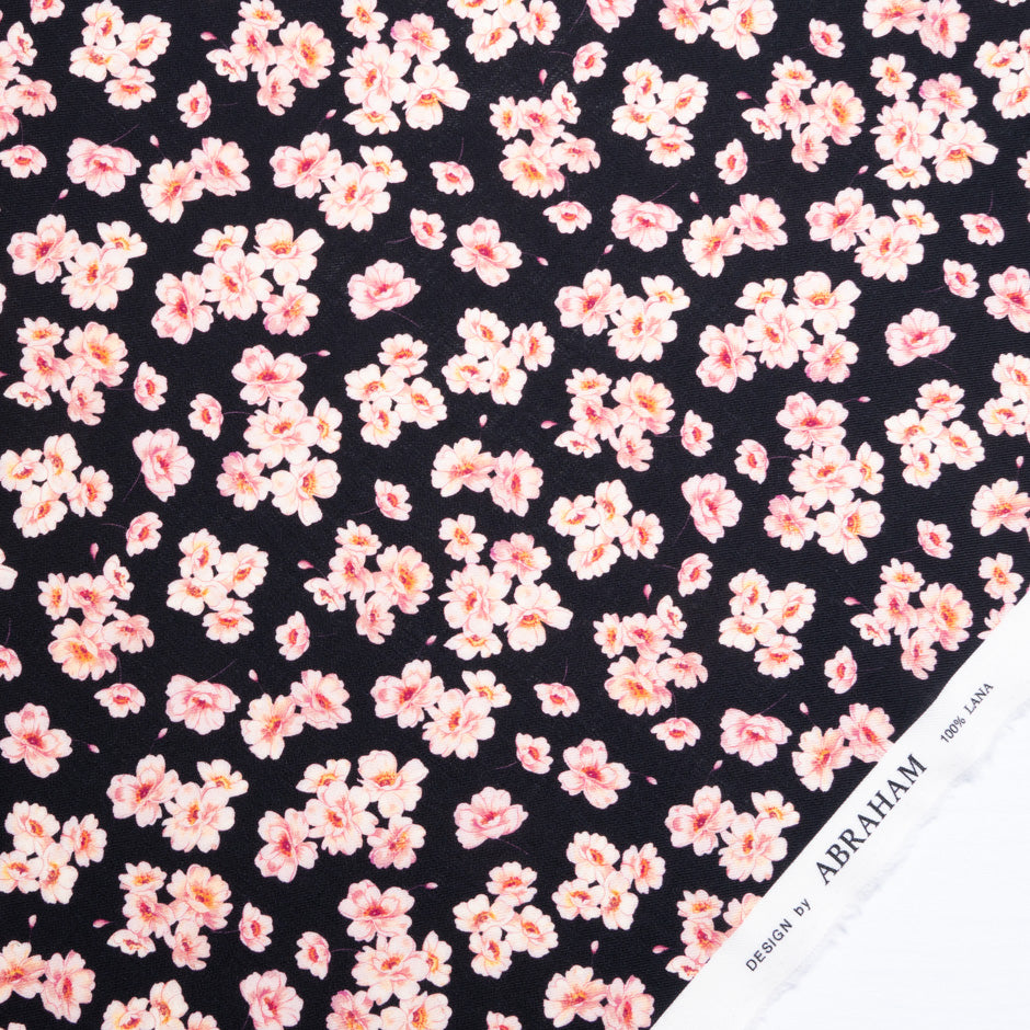 Floral Printed Black Pure Wool Challis