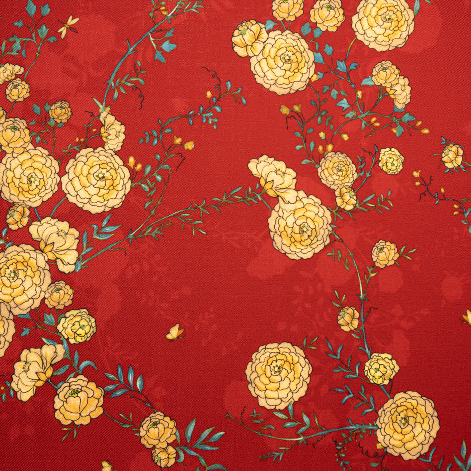 Yellow Floral Printed Red Pure Merino Wool