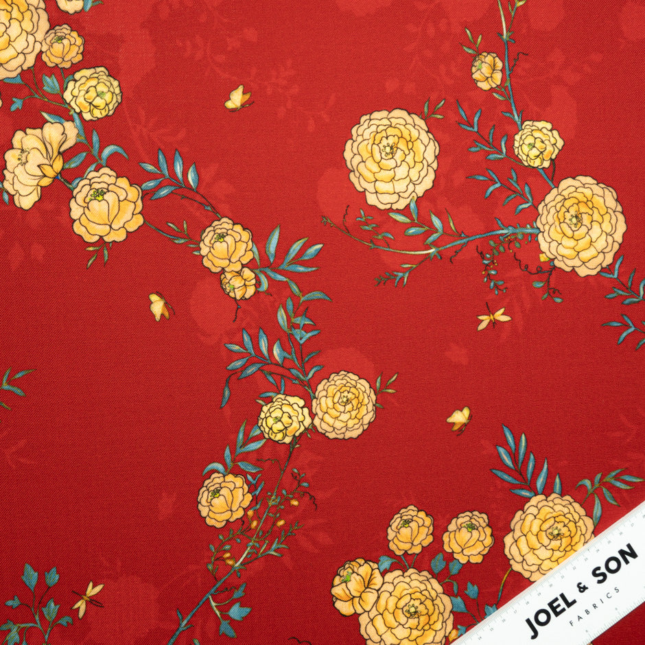 Yellow Floral Printed Red Pure Merino Wool