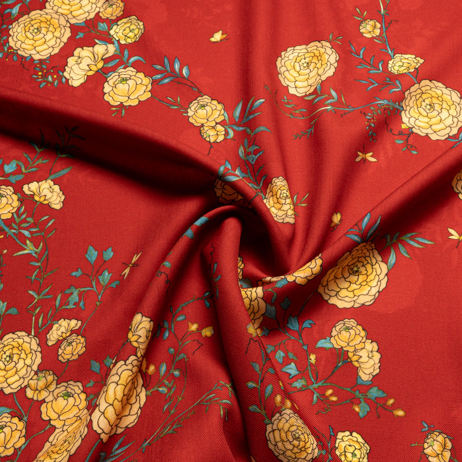 Yellow Floral Printed Red Pure Merino Wool