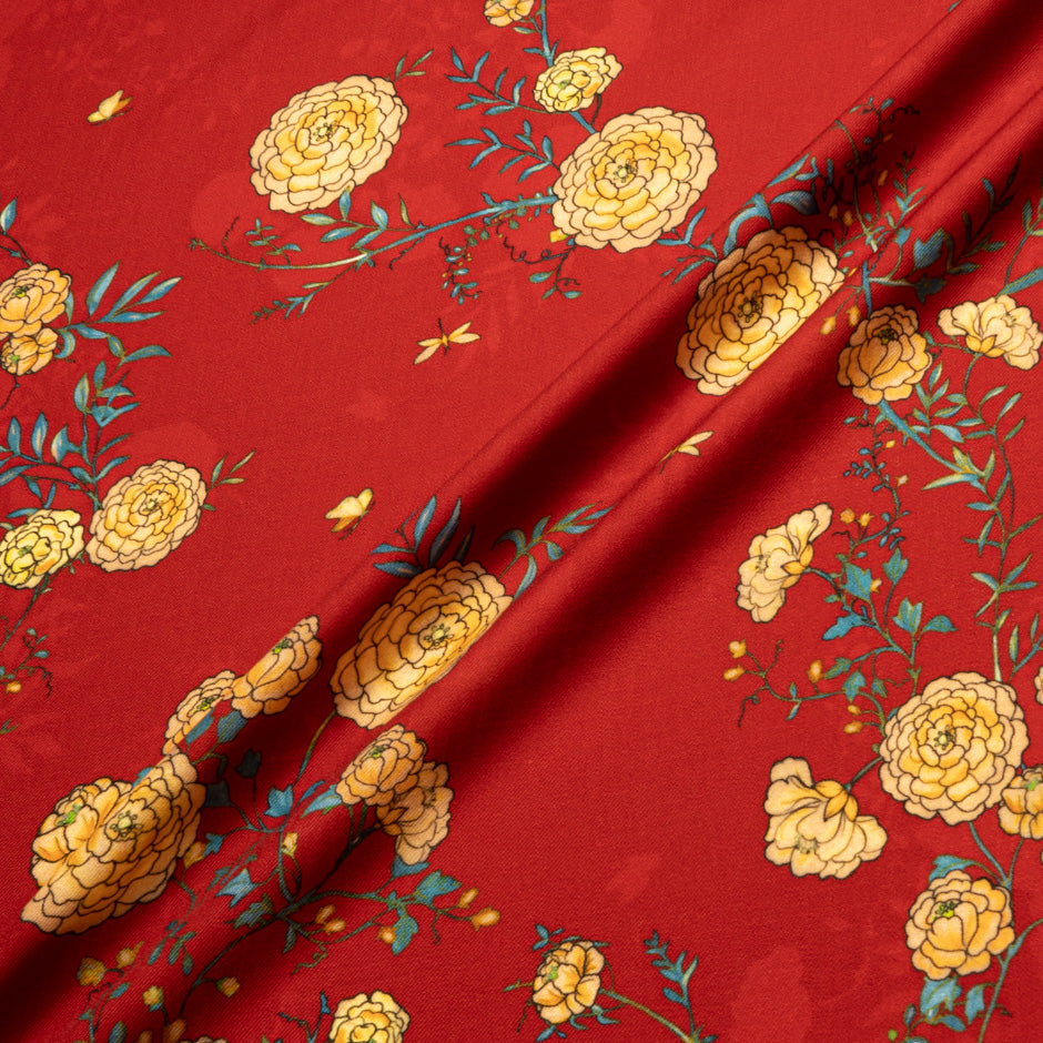 Yellow Floral Printed Red Pure Merino Wool
