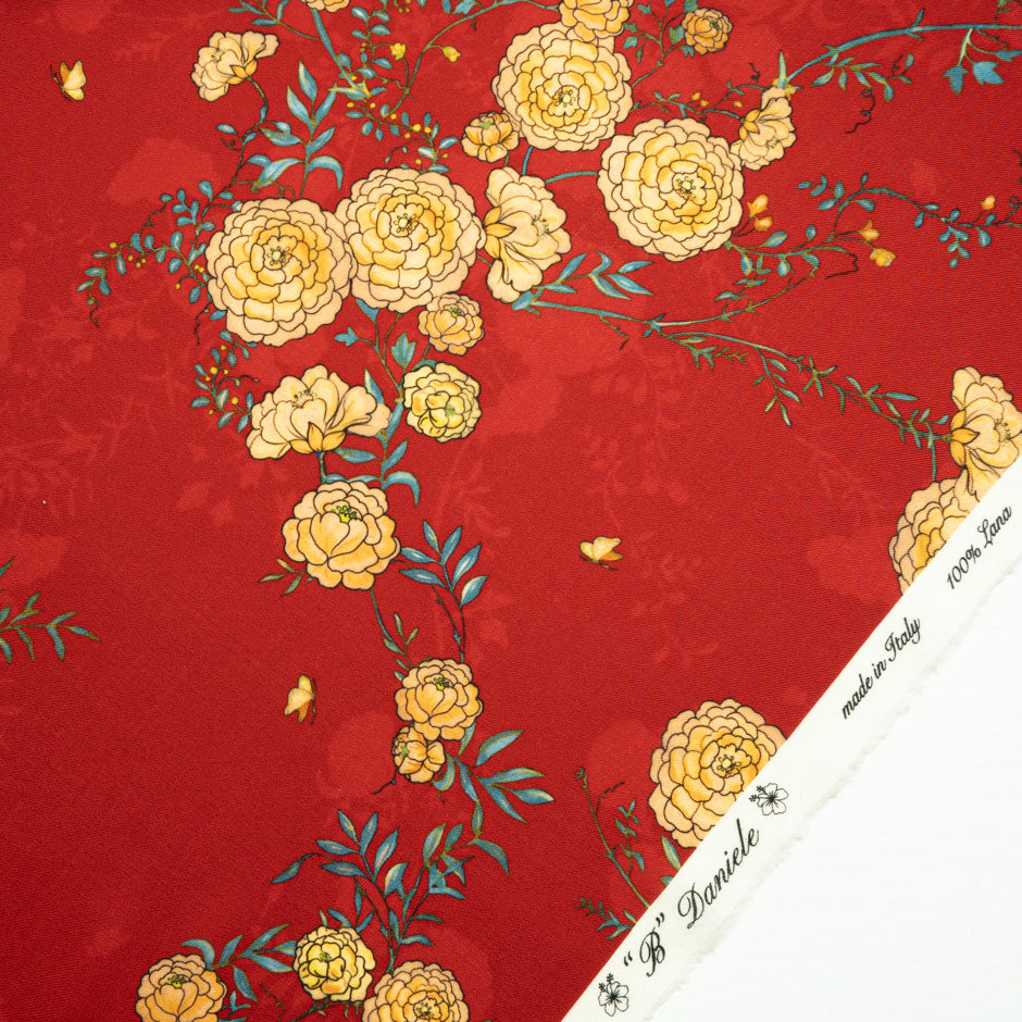 Yellow Floral Printed Red Pure Merino Wool