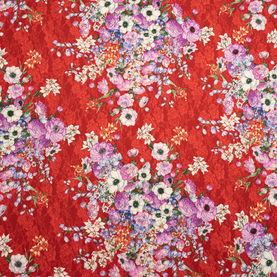 Magenta Floral Printed Rich Red Challis Wool (A 2.60m Piece)