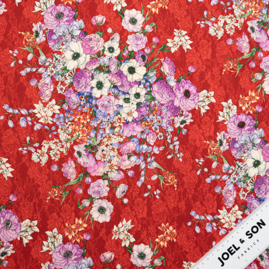 Magenta Floral Printed Rich Red Challis Wool (A 2.60m Piece)