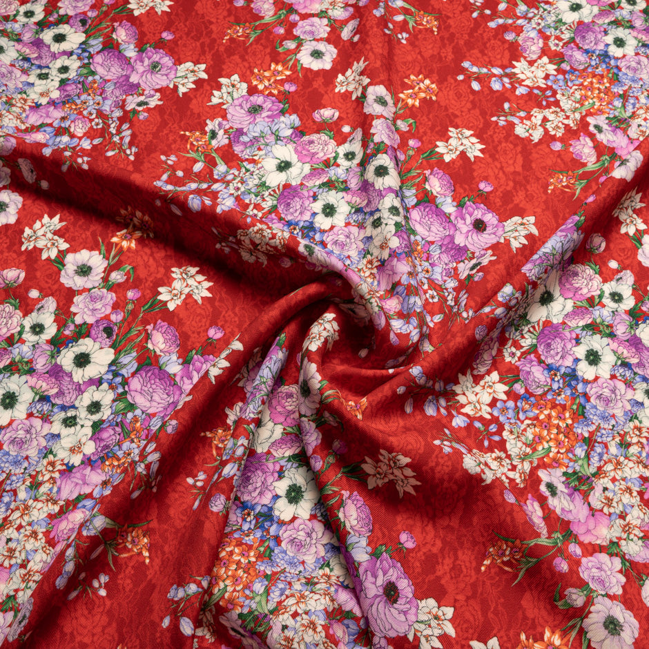 Magenta Floral Printed Rich Red Challis Wool (A 2.60m Piece)