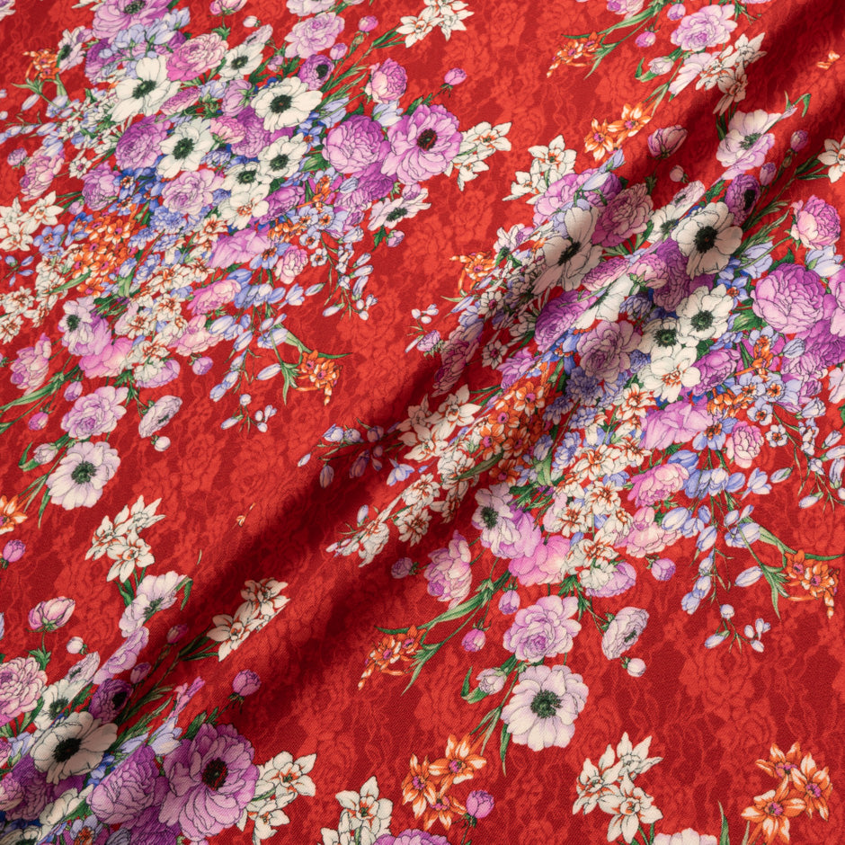 Magenta Floral Printed Rich Red Challis Wool (A 2.60m Piece)