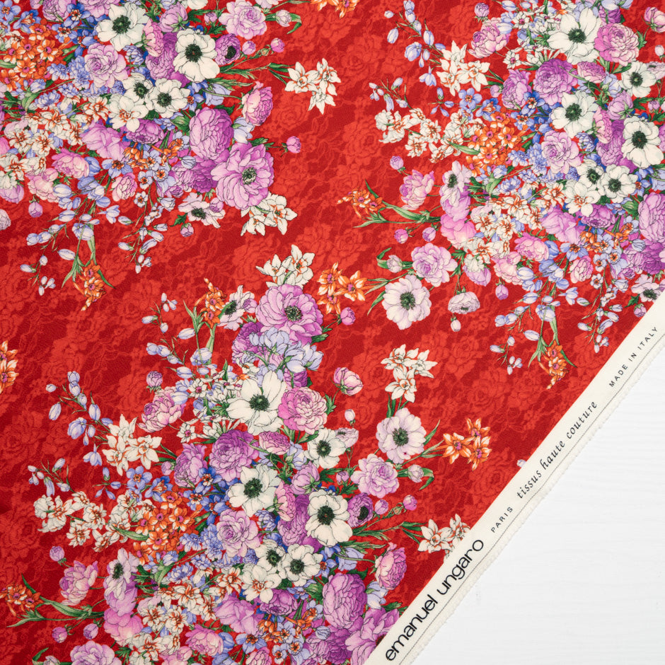 Magenta Floral Printed Rich Red Challis Wool (A 2.60m Piece)