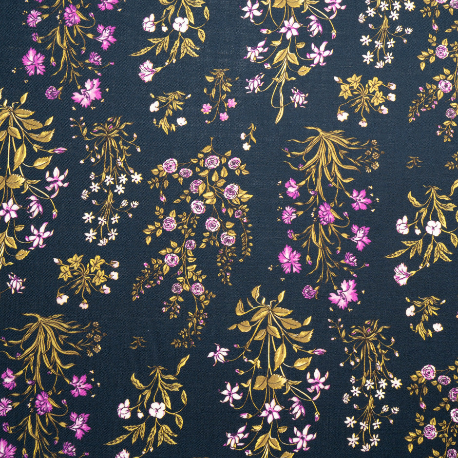 Pink Floral Printed Midnight Blue Challis Wool