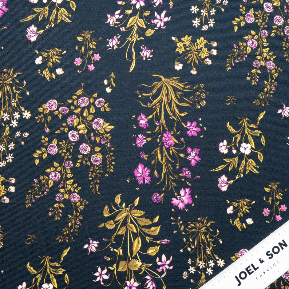 Pink Floral Printed Midnight Blue Challis Wool