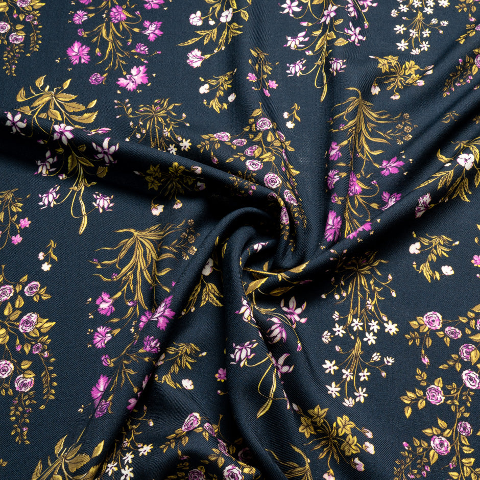 Pink Floral Printed Midnight Blue Challis Wool