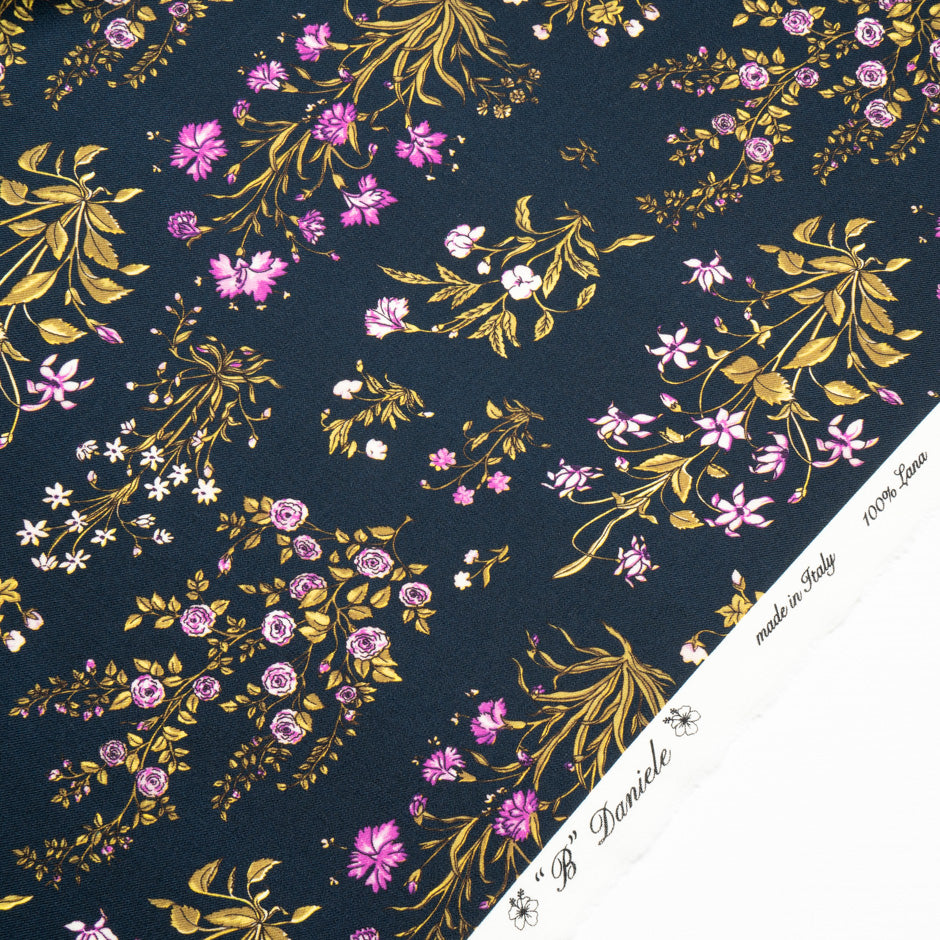 Pink Floral Printed Midnight Blue Challis Wool