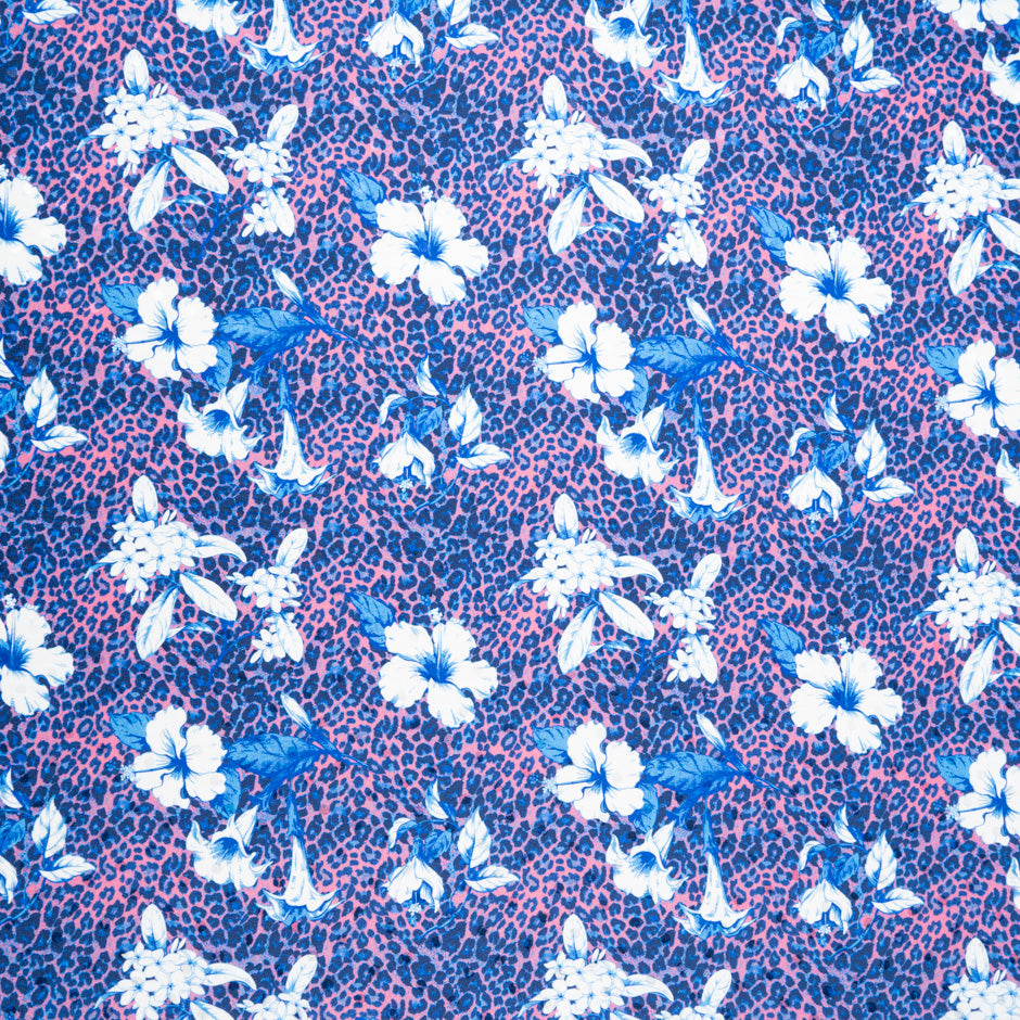 Floral Printed Blue & Pink Leopard Silk Satin Charmeuse