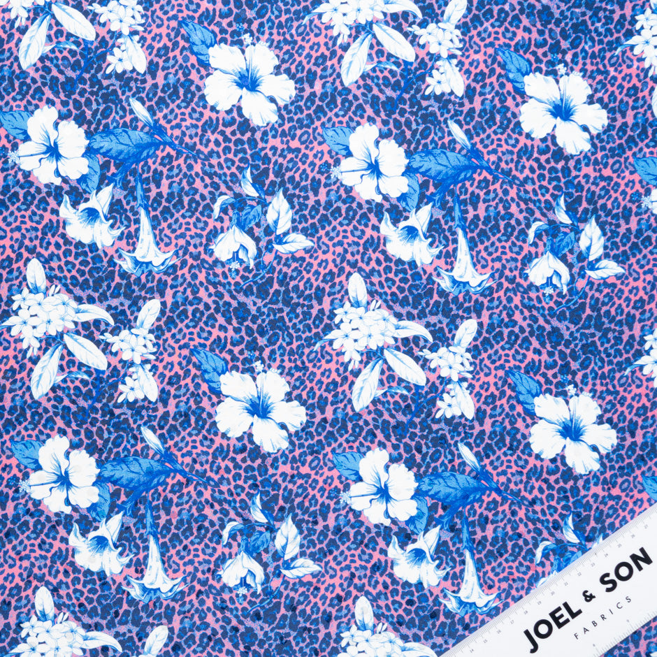 Floral Printed Blue & Pink Leopard Silk Satin Charmeuse