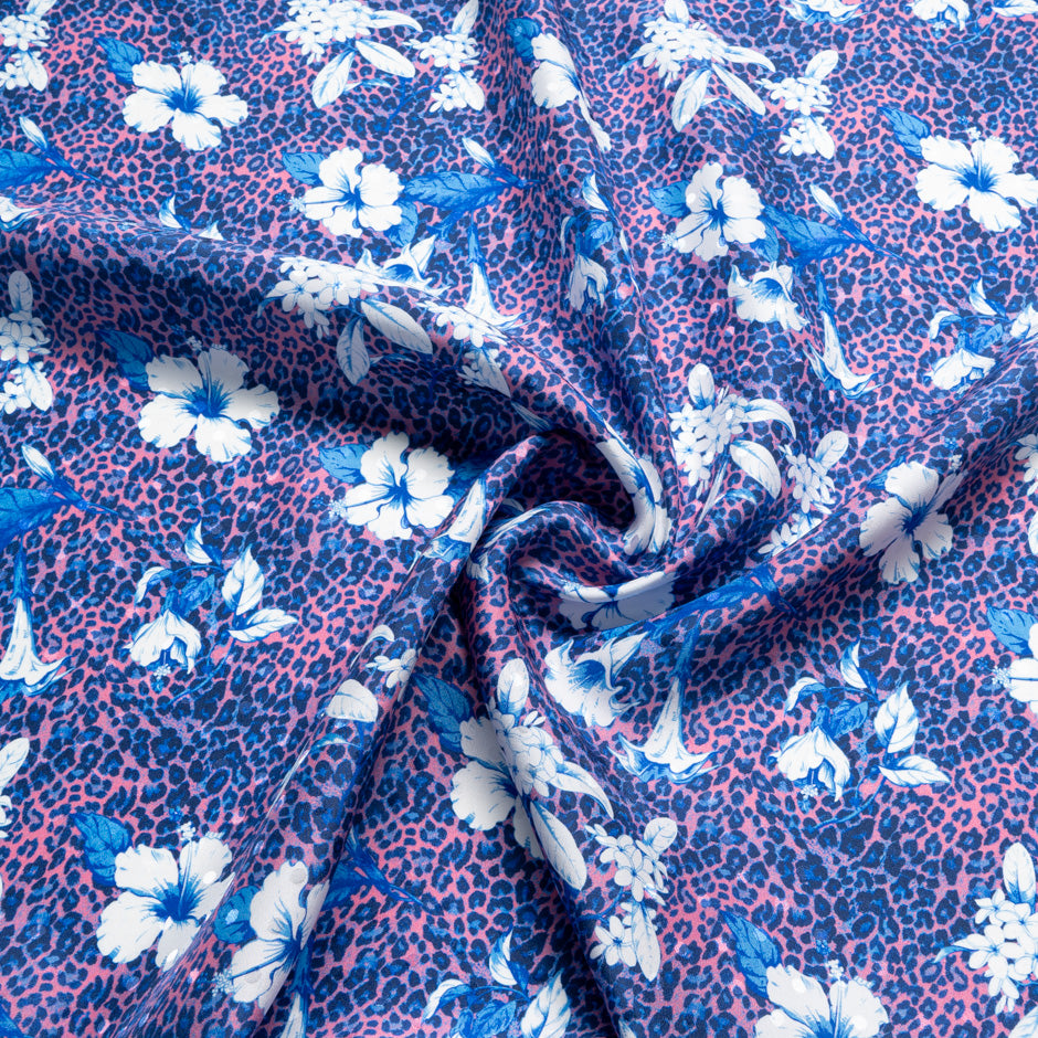 Floral Printed Blue & Pink Leopard Silk Satin Charmeuse