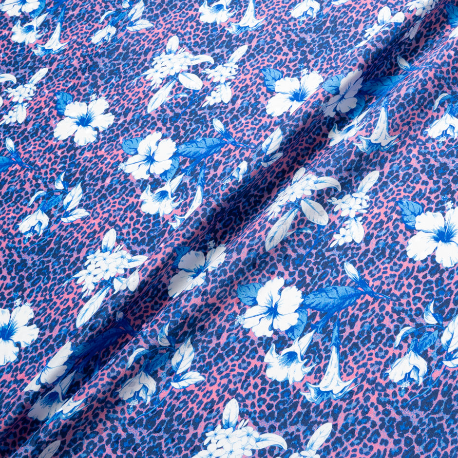 Floral Printed Blue & Pink Leopard Silk Satin Charmeuse