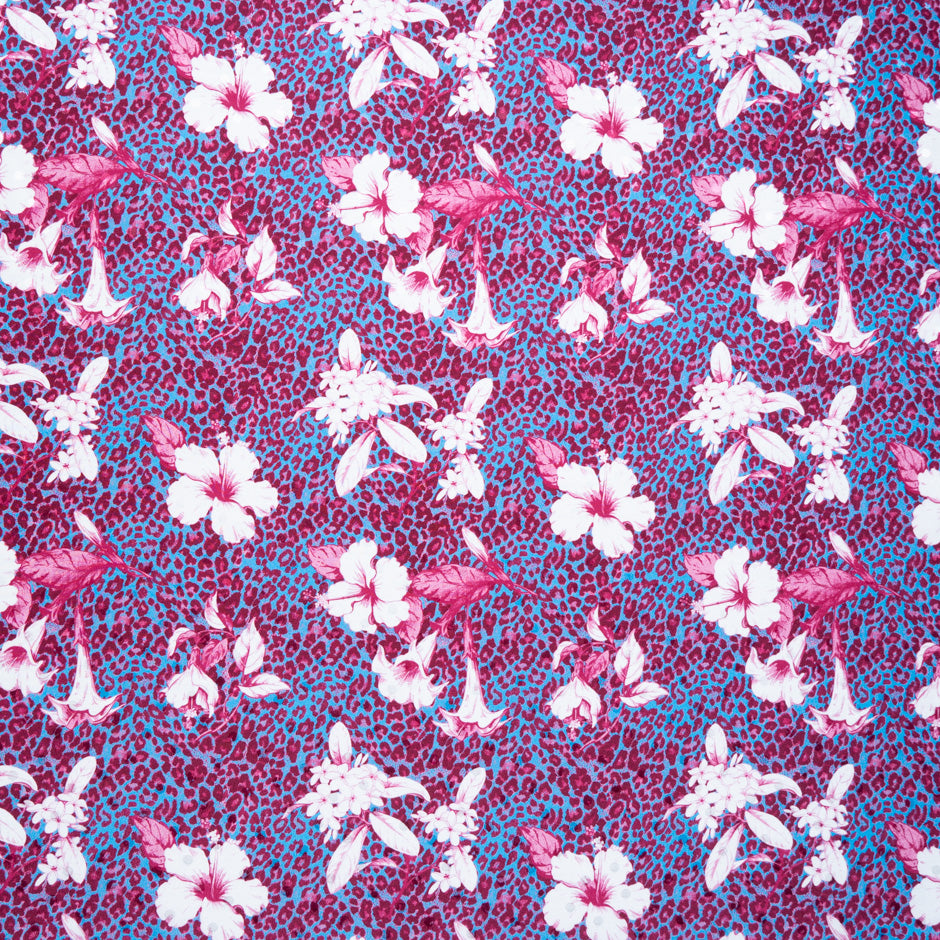 Floral Printed Fuchsia & Blue Leopard Silk Satin Charmeuse