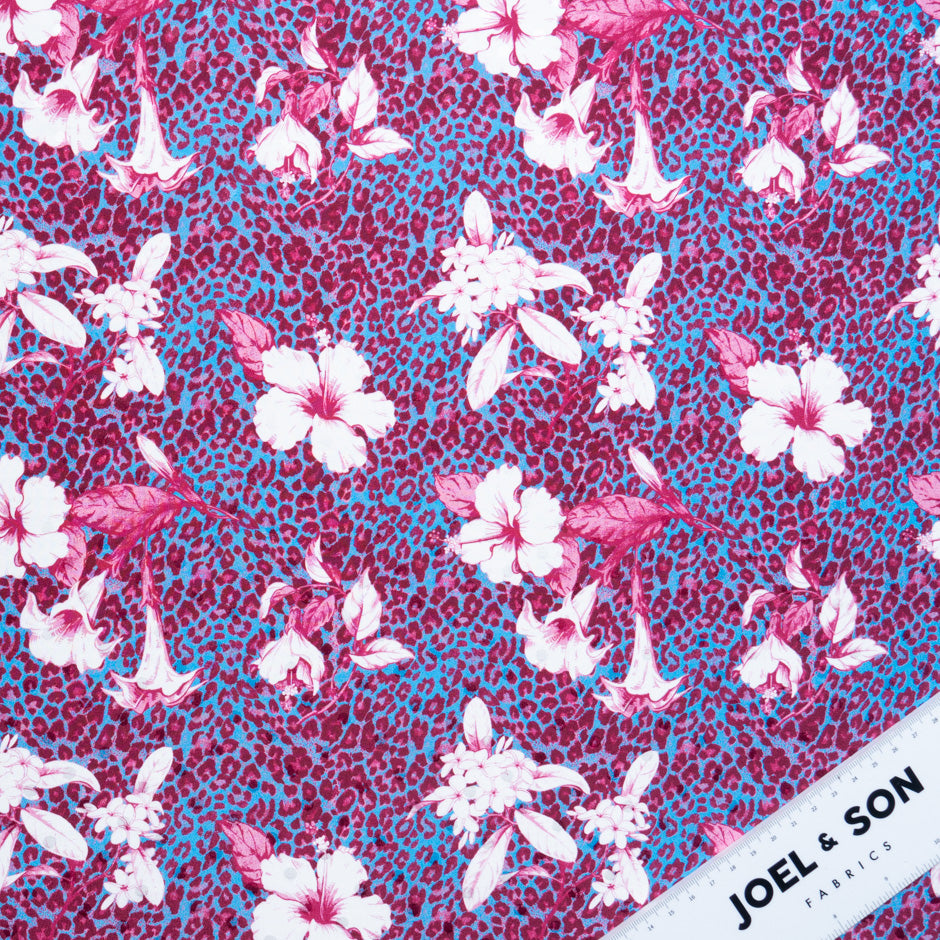 Floral Printed Fuchsia & Blue Leopard Silk Satin Charmeuse