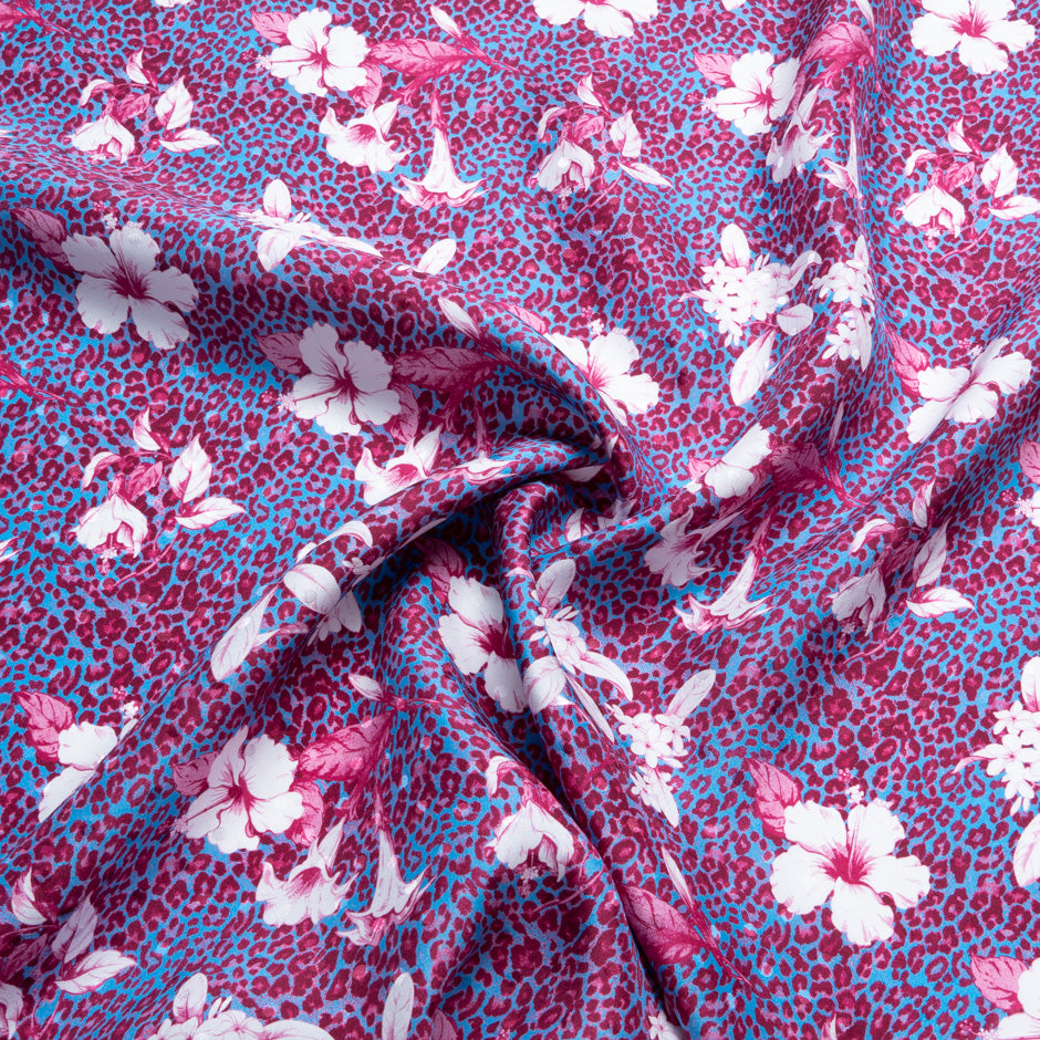 Floral Printed Fuchsia & Blue Leopard Silk Satin Charmeuse