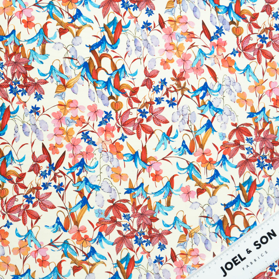 Pink & Blue Floral Printed Silk Satin Charmeuse