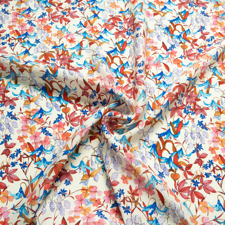 Pink & Blue Floral Printed Silk Satin Charmeuse