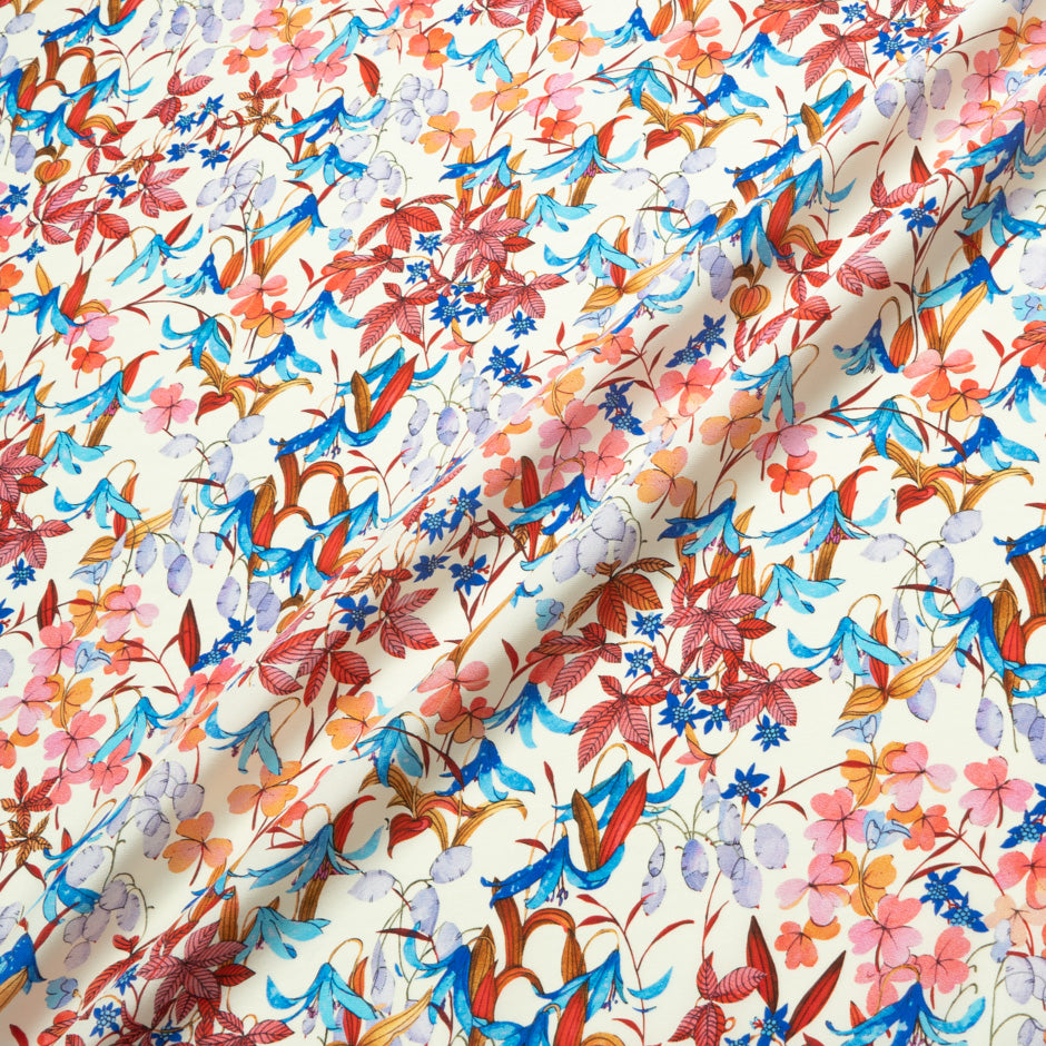 Pink & Blue Floral Printed Silk Satin Charmeuse