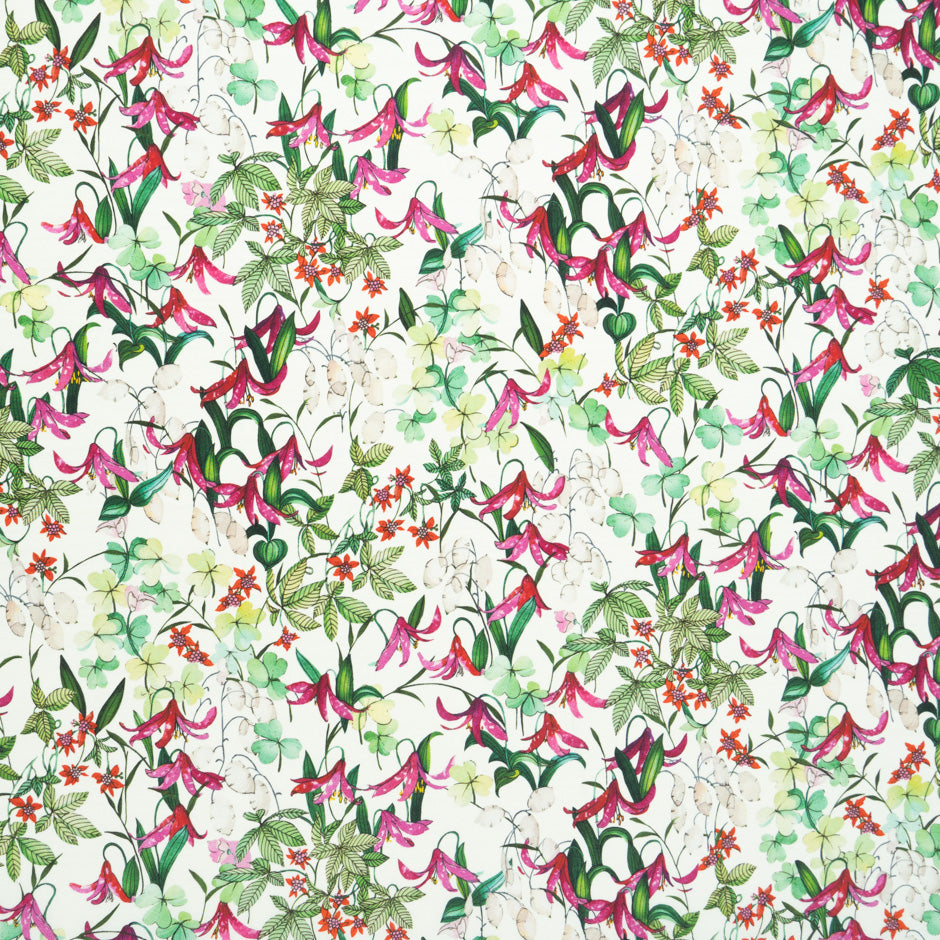 Fuchsia Pink & Green Floral Printed Silk Satin Charmeuse