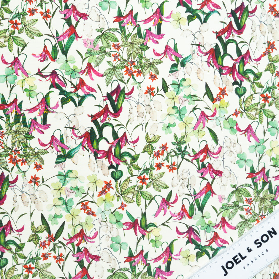 Fuchsia Pink & Green Floral Printed Silk Satin Charmeuse