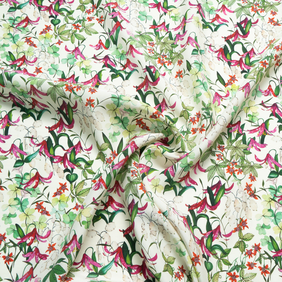 Fuchsia Pink & Green Floral Printed Silk Satin Charmeuse