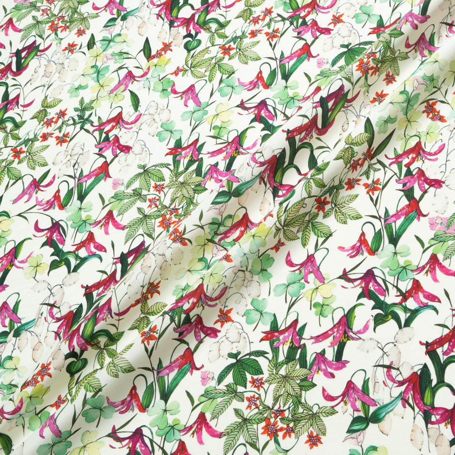 Fuchsia Pink & Green Floral Printed Silk Satin Charmeuse