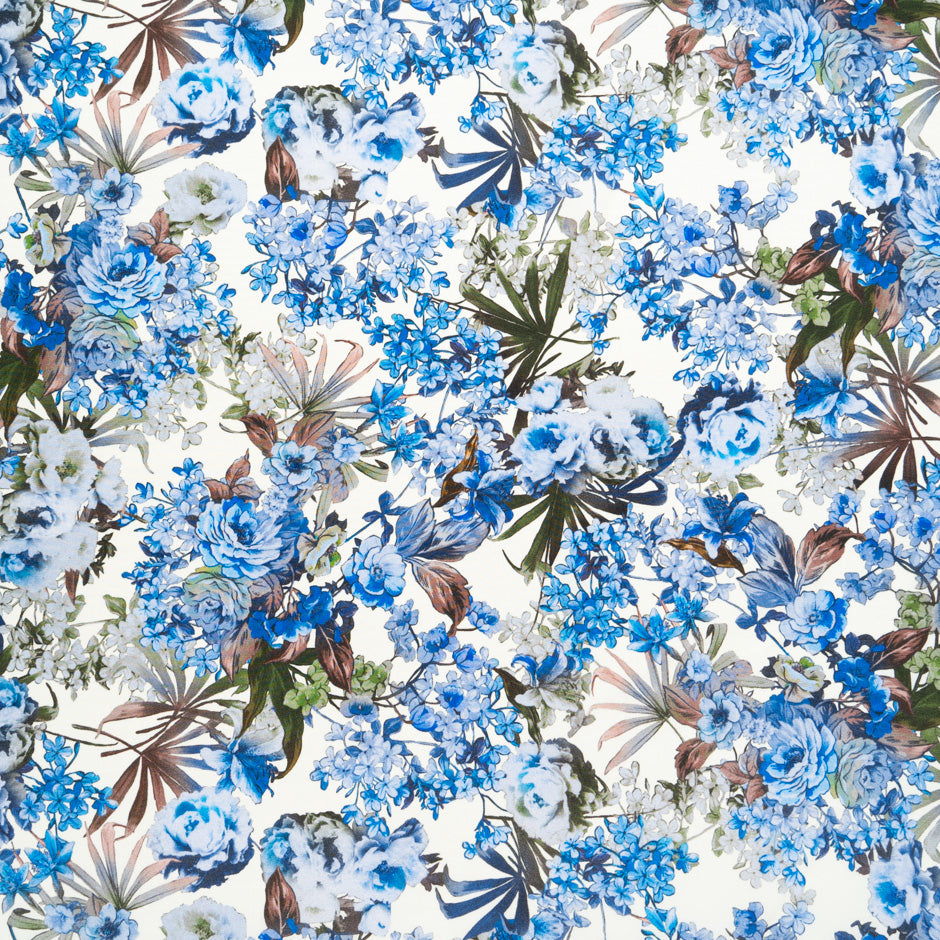 Blue & Brown Floral Printed Silk Satin Charmeuse