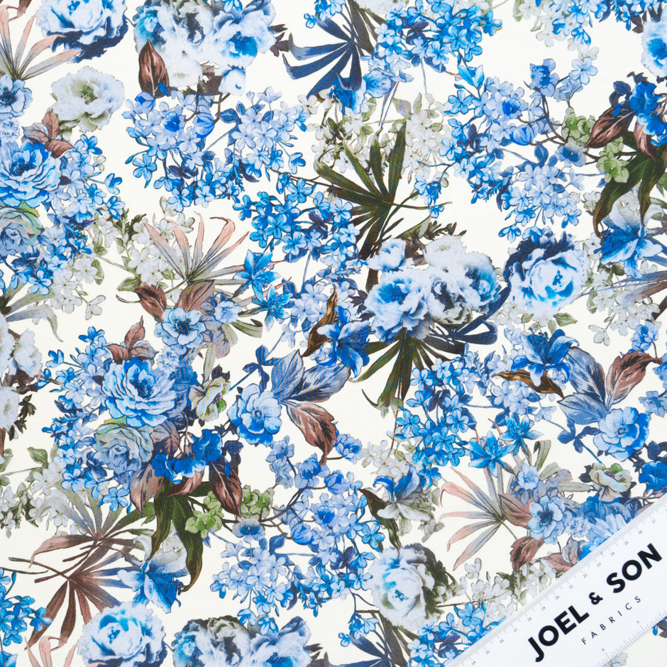 Blue & Brown Floral Printed Silk Satin Charmeuse