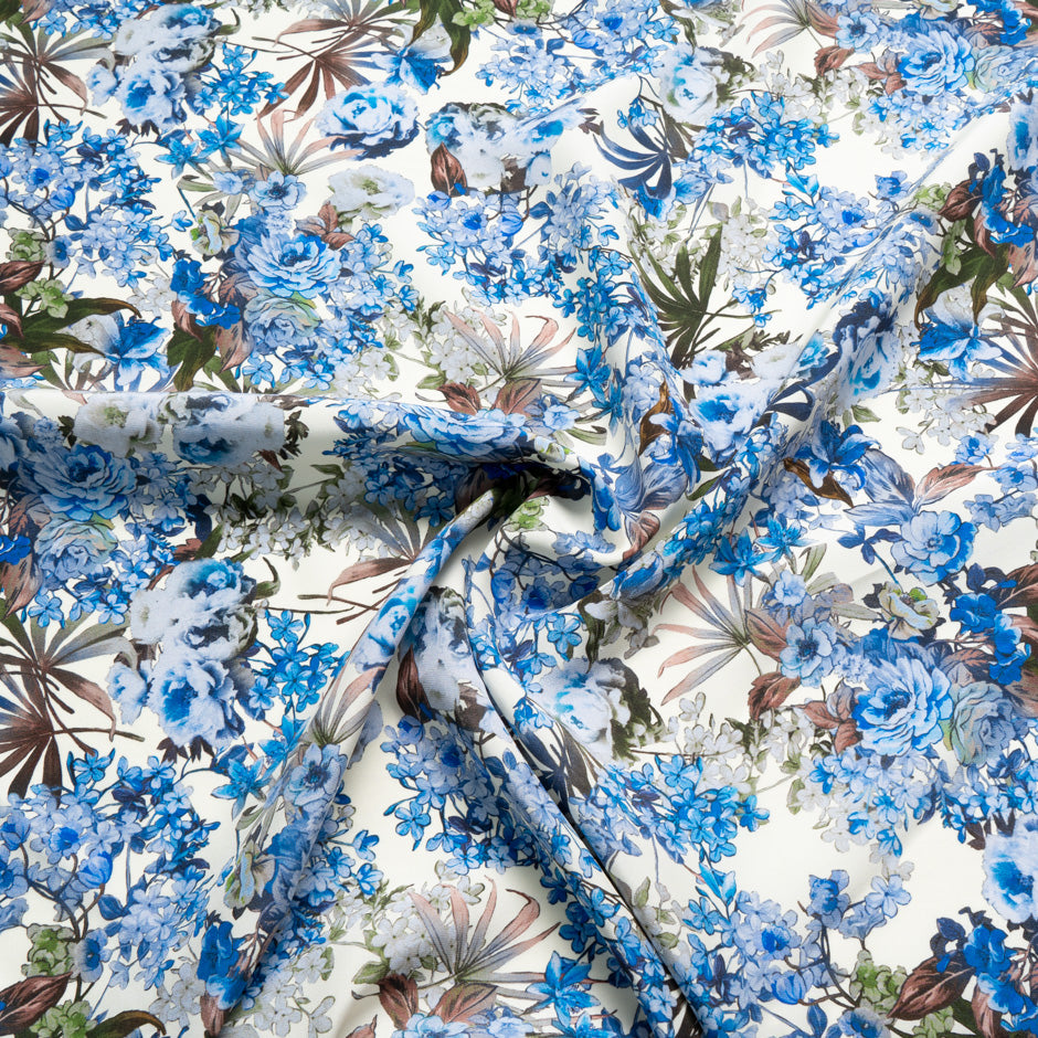 Blue & Brown Floral Printed Silk Satin Charmeuse