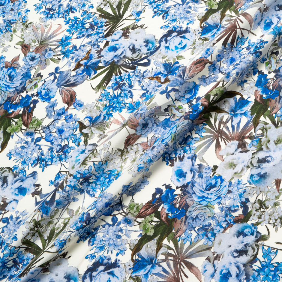 Blue & Brown Floral Printed Silk Satin Charmeuse