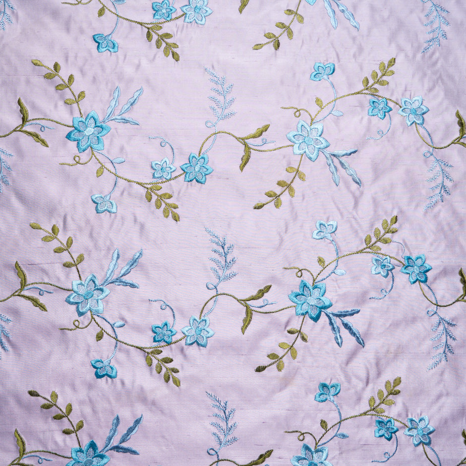Blue Embroidered Floral Lilac Silk Shantung