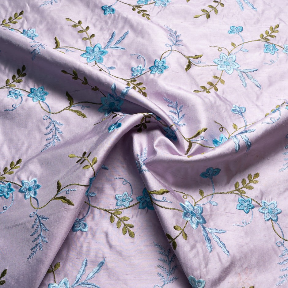 Blue Embroidered Floral Lilac Silk Shantung