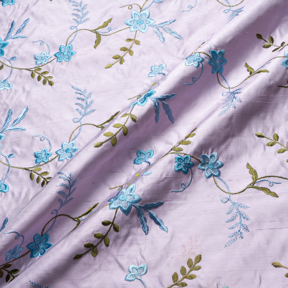 Blue Embroidered Floral Lilac Silk Shantung