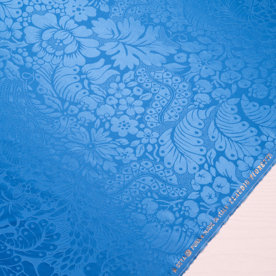 Rich Blue Floral Jacquard Pure Silk