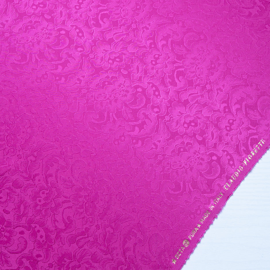 Fuchsia Pink Floral Lace Jacquard Pure Silk