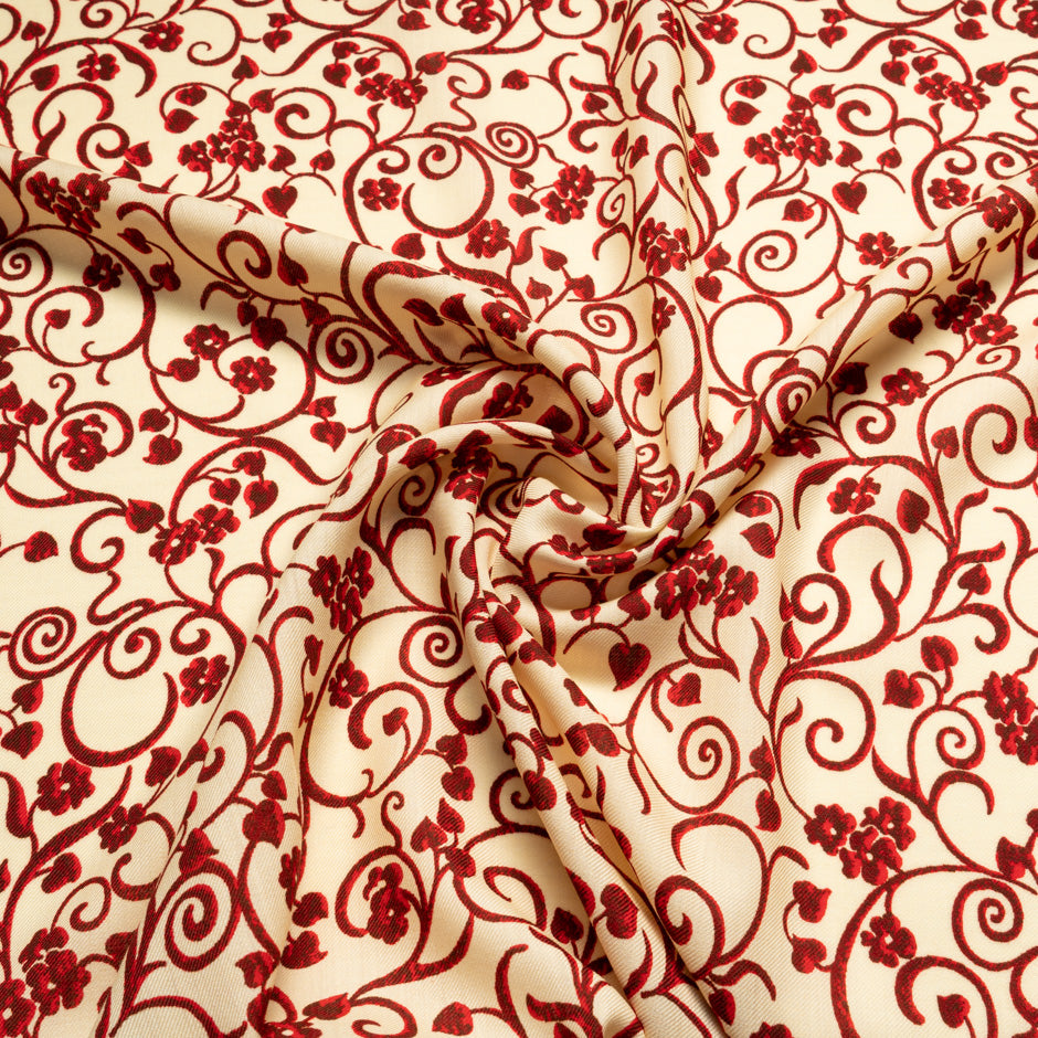 Red Floral Printed Cream Merino Wool (A 2.60m Piece)