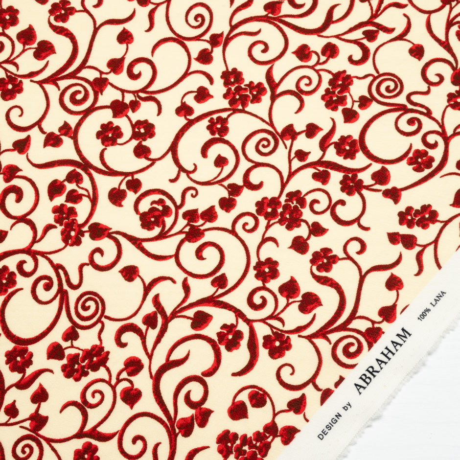 Red Floral Printed Cream Merino Wool (A 2.60m Piece)