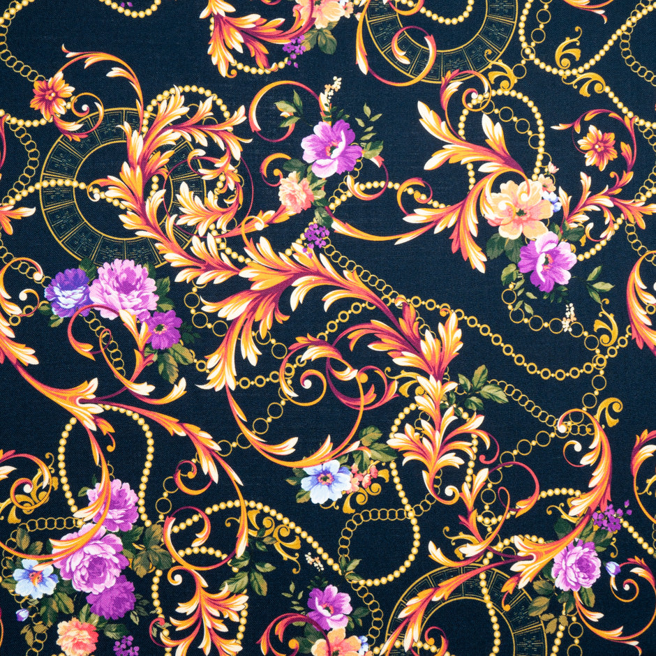 Floral Printed Midnight Blue Merino Wool