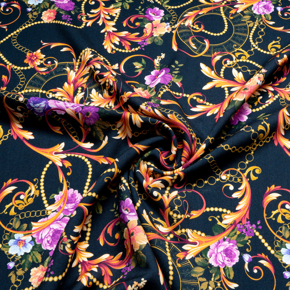 Floral Printed Midnight Blue Merino Wool