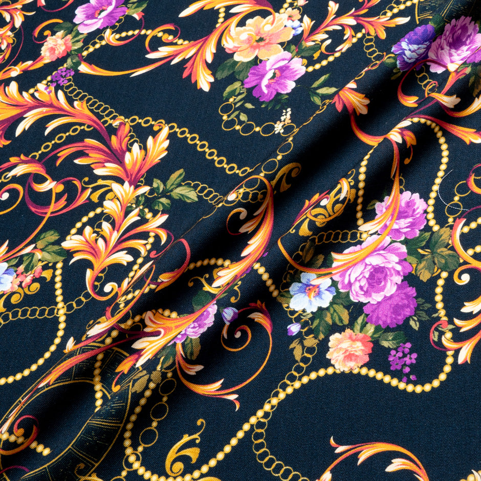 Floral Printed Midnight Blue Merino Wool