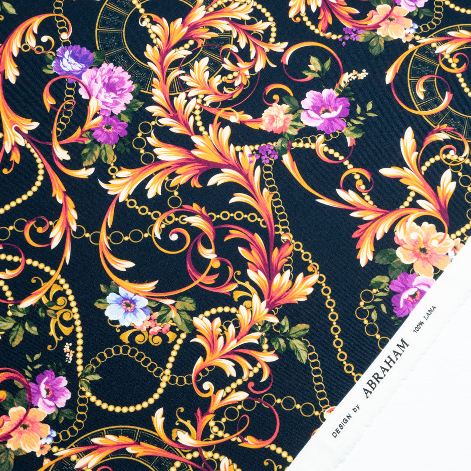 Floral Printed Midnight Blue Merino Wool