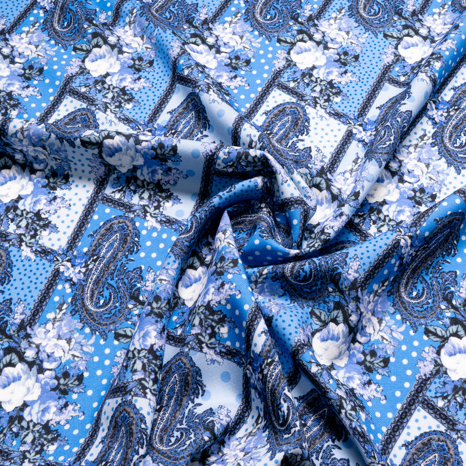 Blue Paisley & Floral Printed Blue Merino Wool