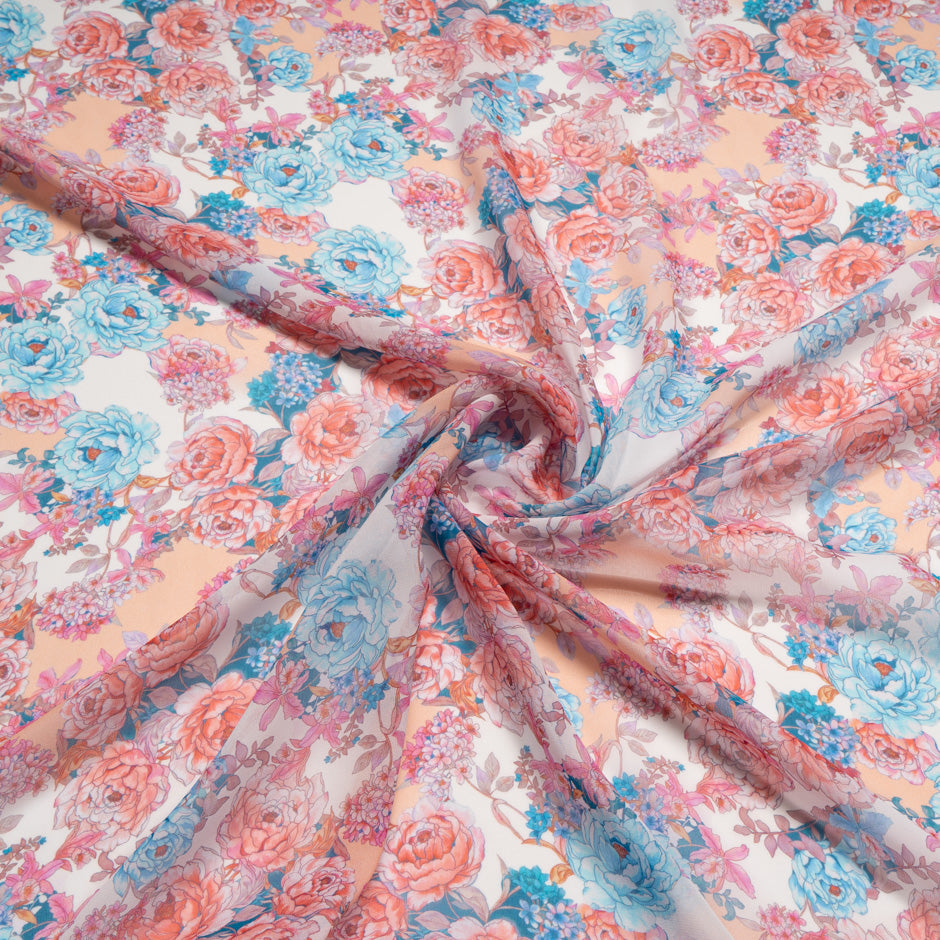 Red & Blue Floral Printed Silk Georgette