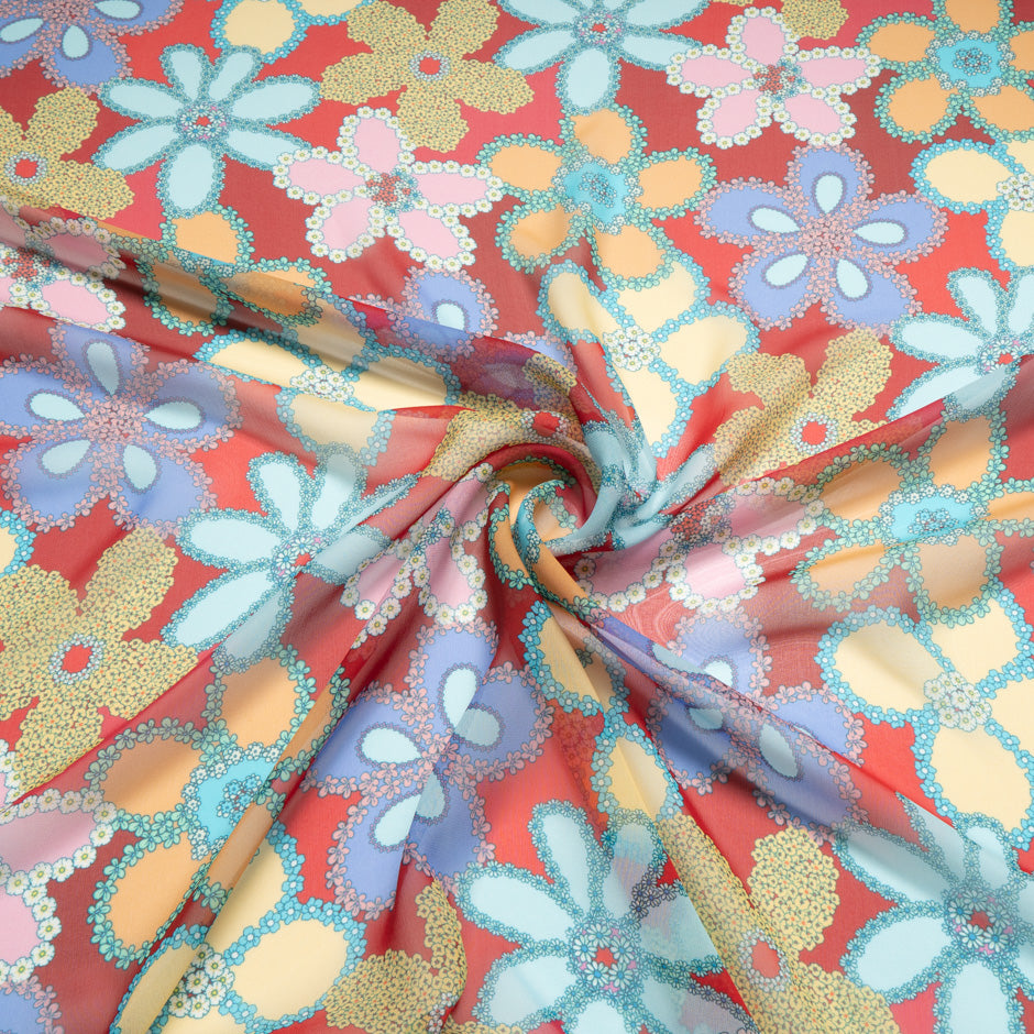 Retro Multi Floral Printed Red Silk Georgette